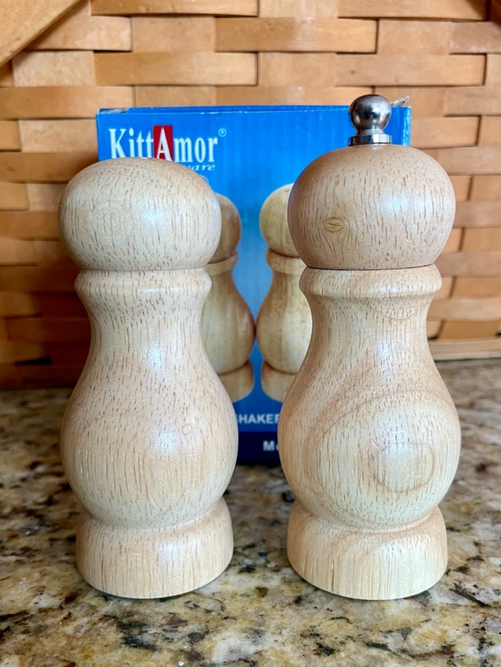 KittAmor Wooden Salt and Pepper Shakers 4” - Natural Wood